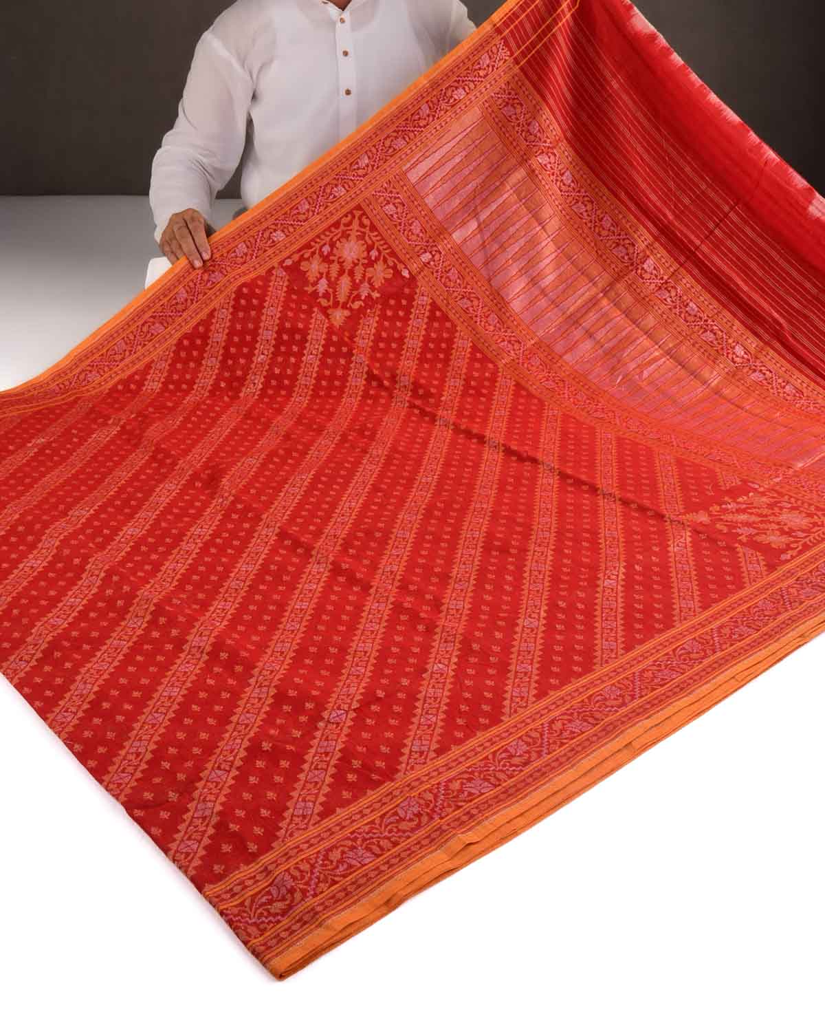 Red Rakhtambari Gold & Silver Zari Diagonal Ornament Stripes Cutwork Brocade Handwoven Cotton Banarasi Saree with Koniya Buta-HolyWeaves