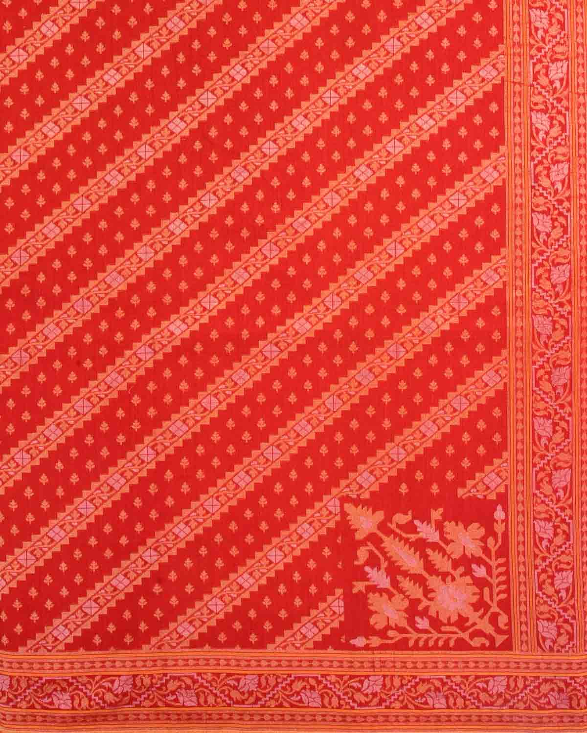 Red Rakhtambari Gold & Silver Zari Diagonal Ornament Stripes Cutwork Brocade Handwoven Cotton Banarasi Saree with Koniya Buta-HolyWeaves