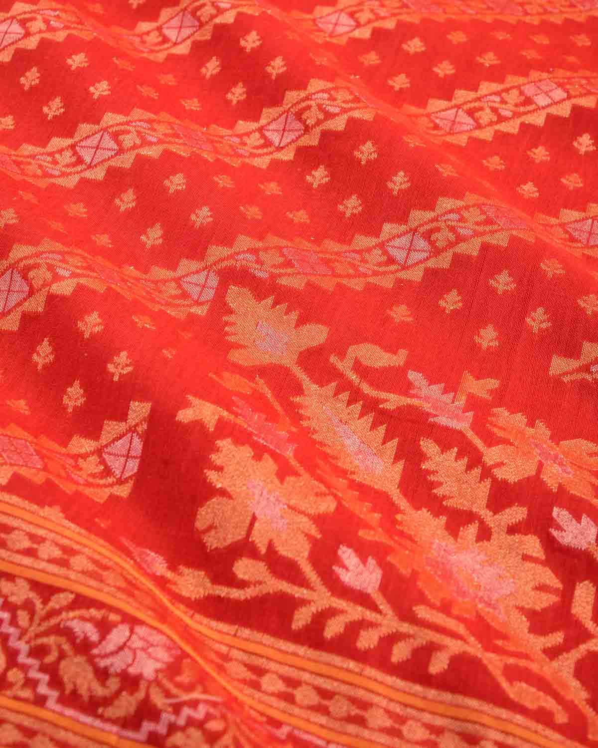 Red Rakhtambari Gold & Silver Zari Diagonal Ornament Stripes Cutwork Brocade Handwoven Cotton Banarasi Saree with Koniya Buta-HolyWeaves