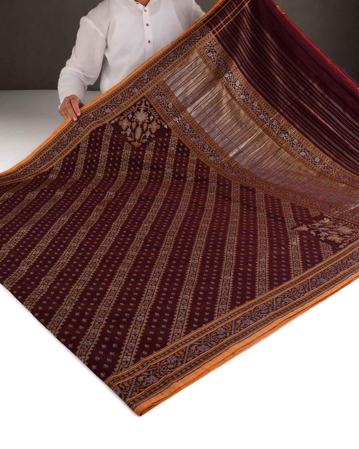 Mahogany Mrinalambari Gold & Silver Zari Diagonal Ornament Stripes Cutwork Brocade Handwoven Cotton Banarasi Saree with Koniya Buta-HolyWeaves