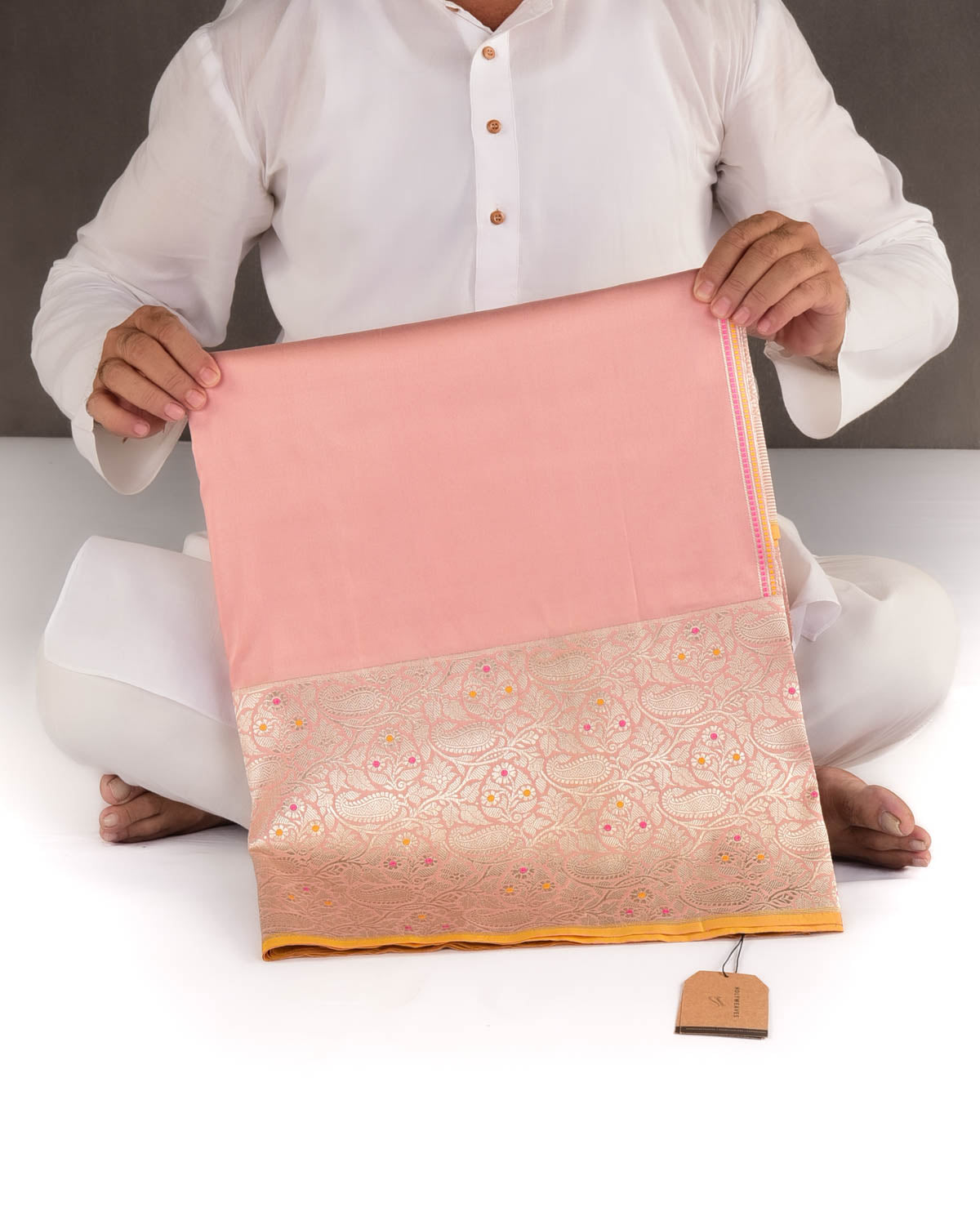 Light Coral Pink Gold Zari Paisley Meenekari Border Kadhuan Brocade Handwoven Katan Silk Banarasi Saree-HolyWeaves