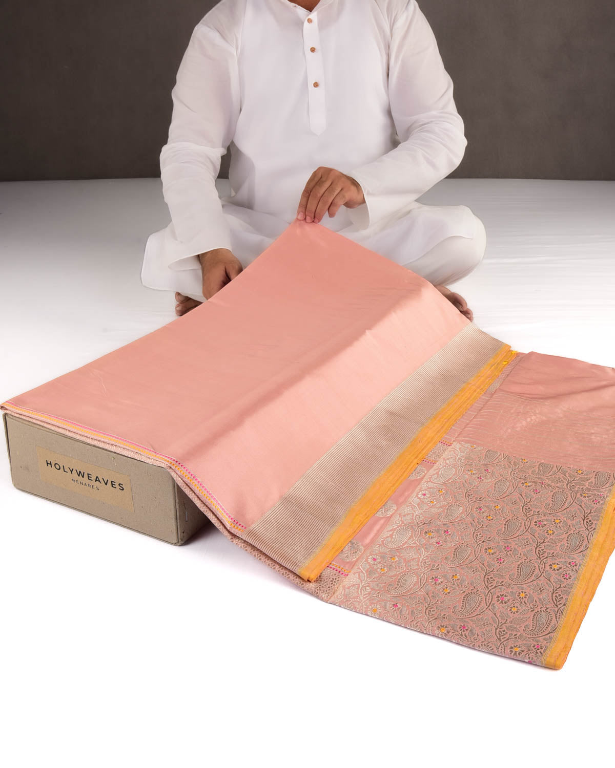 Light Coral Pink Gold Zari Paisley Meenekari Border Kadhuan Brocade Handwoven Katan Silk Banarasi Saree-HolyWeaves