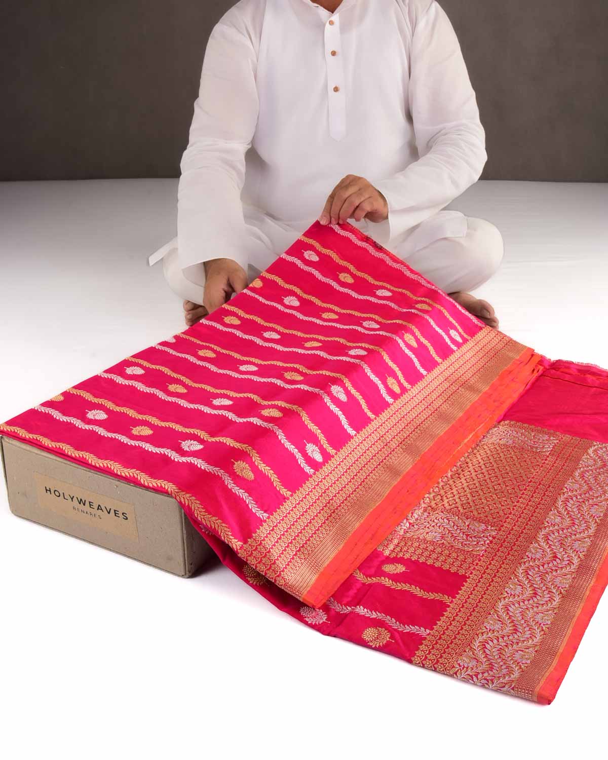 Shot Red-Pink Gold & Silver Zari Buti Kadhuan Brocade Handwoven Katan Silk Banarasi Saree-HolyWeaves