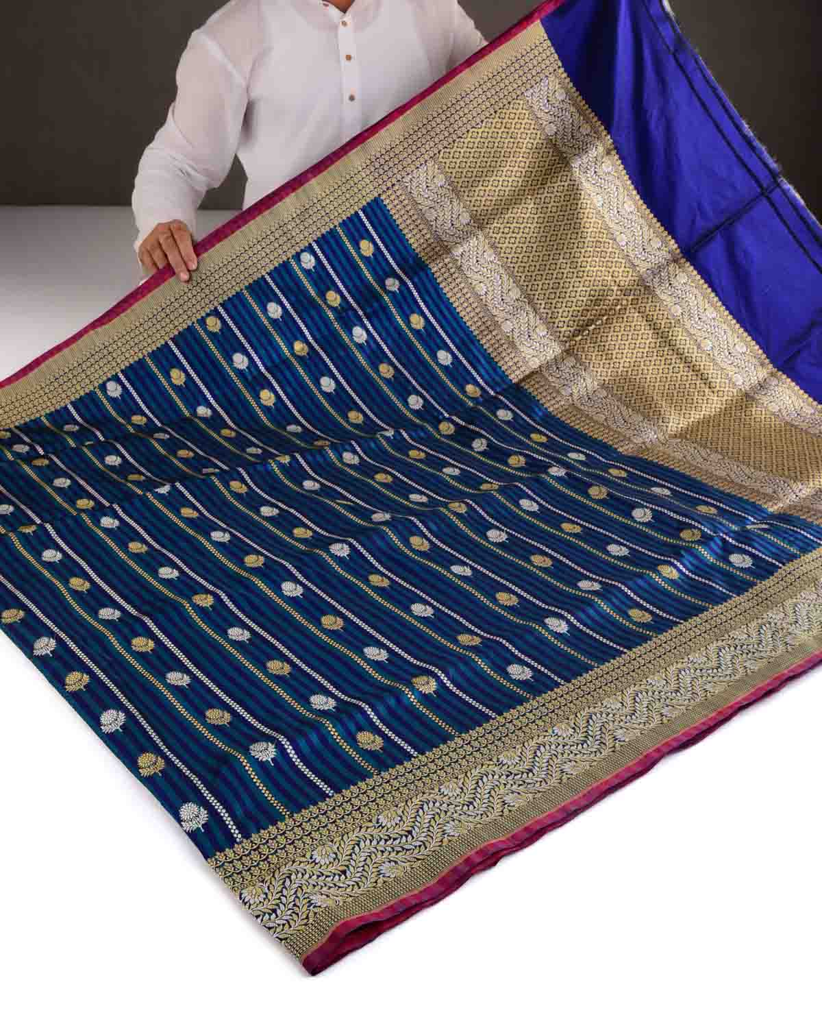 Striped Blue Gold & Silver Zari Buti Kadhuan Brocade Handwoven Katan Silk Banarasi Saree-HolyWeaves