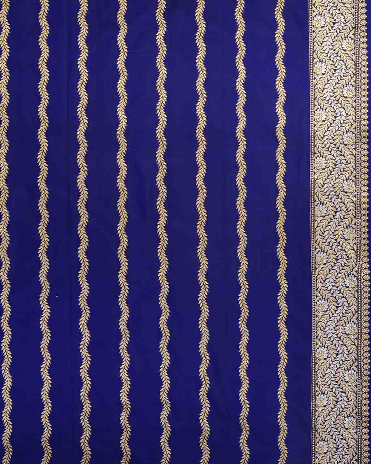 Striped Blue Gold & Silver Zari Buti Kadhuan Brocade Handwoven Katan Silk Banarasi Saree-HolyWeaves