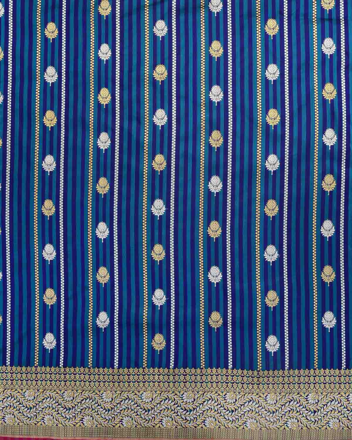 Striped Blue Gold & Silver Zari Buti Kadhuan Brocade Handwoven Katan Silk Banarasi Saree-HolyWeaves