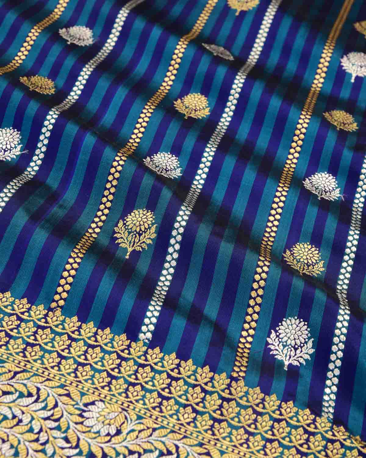 Striped Blue Gold & Silver Zari Buti Kadhuan Brocade Handwoven Katan Silk Banarasi Saree-HolyWeaves