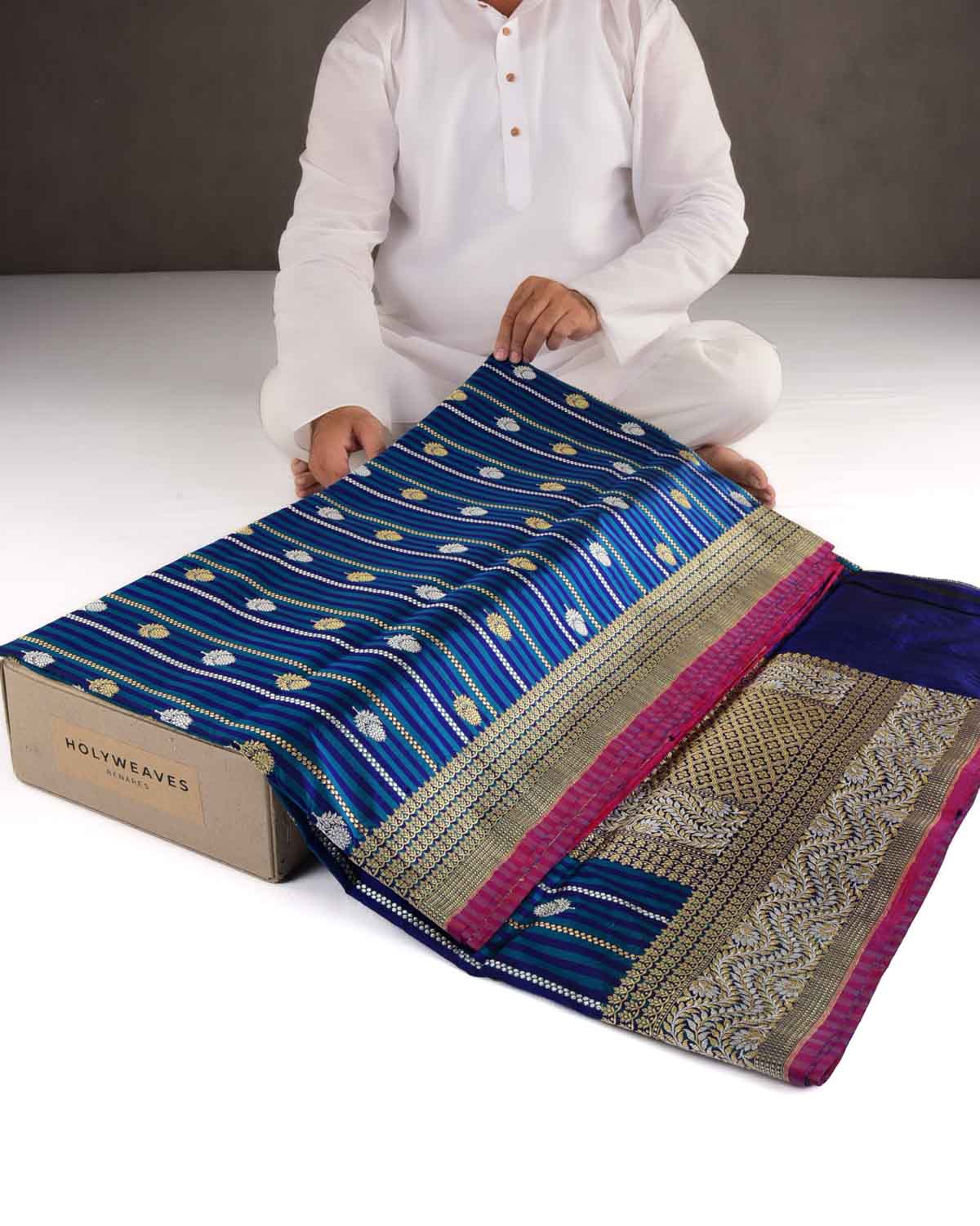 Striped Blue Gold & Silver Zari Buti Kadhuan Brocade Handwoven Katan Silk Banarasi Saree-HolyWeaves