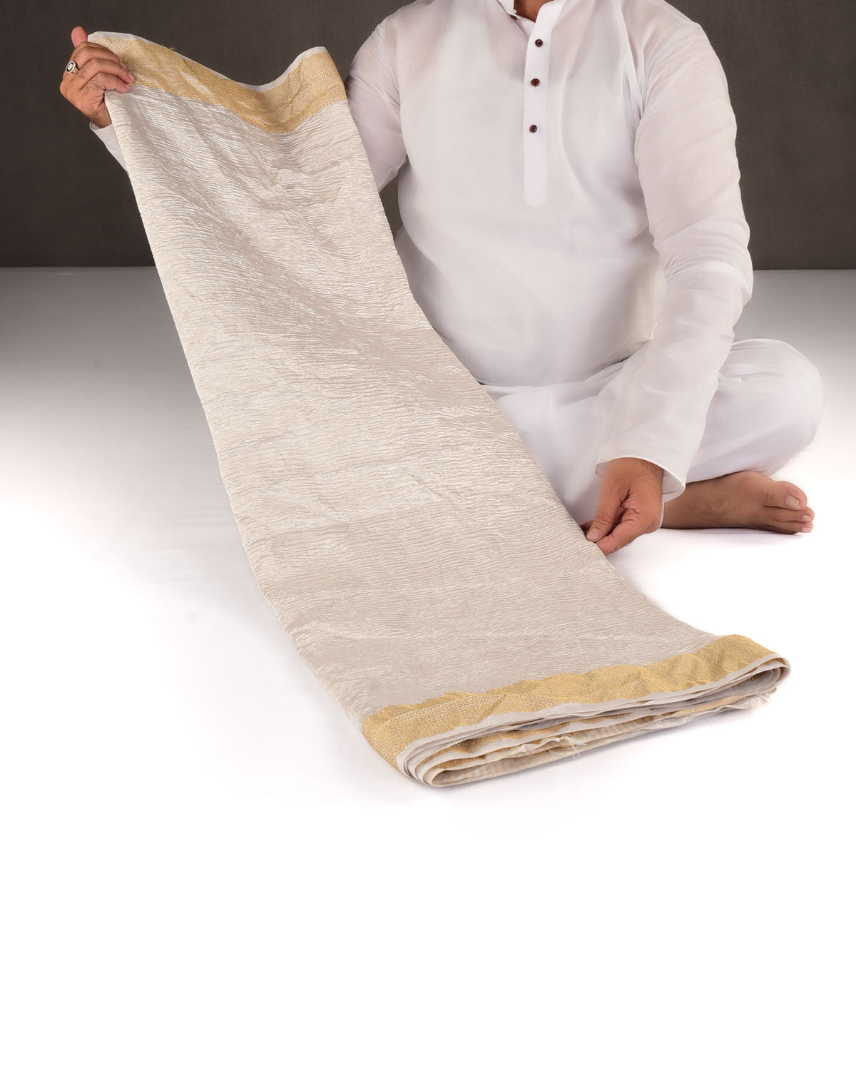 Crushed Silver Brocade Woven Kora Tissue Banarasi Saree with Gold Brocade Border Pallu-HolyWeaves