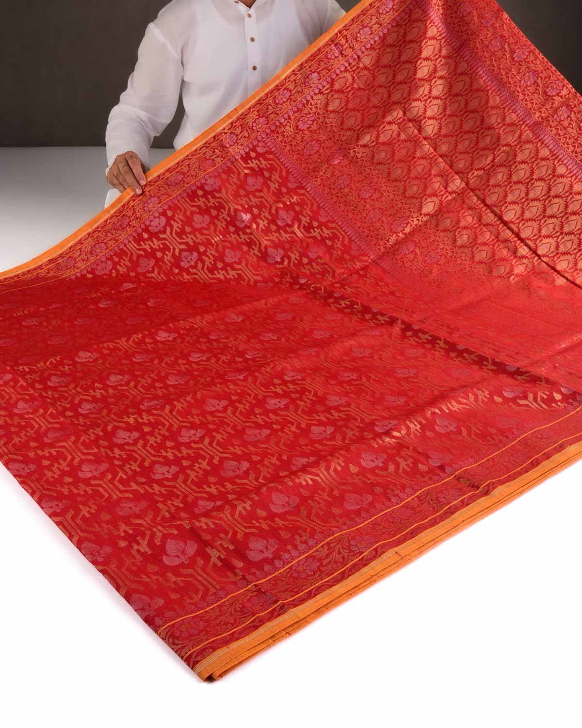 Red Gold & Silver Metallic Zari Jaal Ektara Cutwork Brocade Handwoven Tasar Silk Banarasi Saree with Contrast Orange Selvage-HolyWeaves