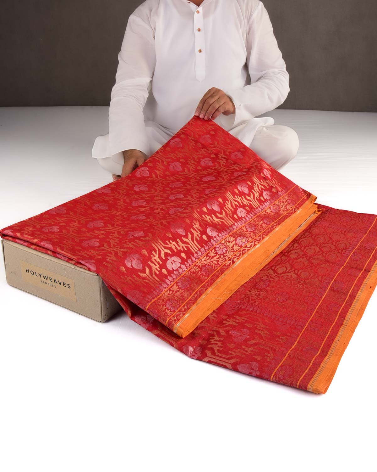 Red Gold & Silver Metallic Zari Jaal Ektara Cutwork Brocade Handwoven Tasar Silk Banarasi Saree with Contrast Orange Selvage-HolyWeaves