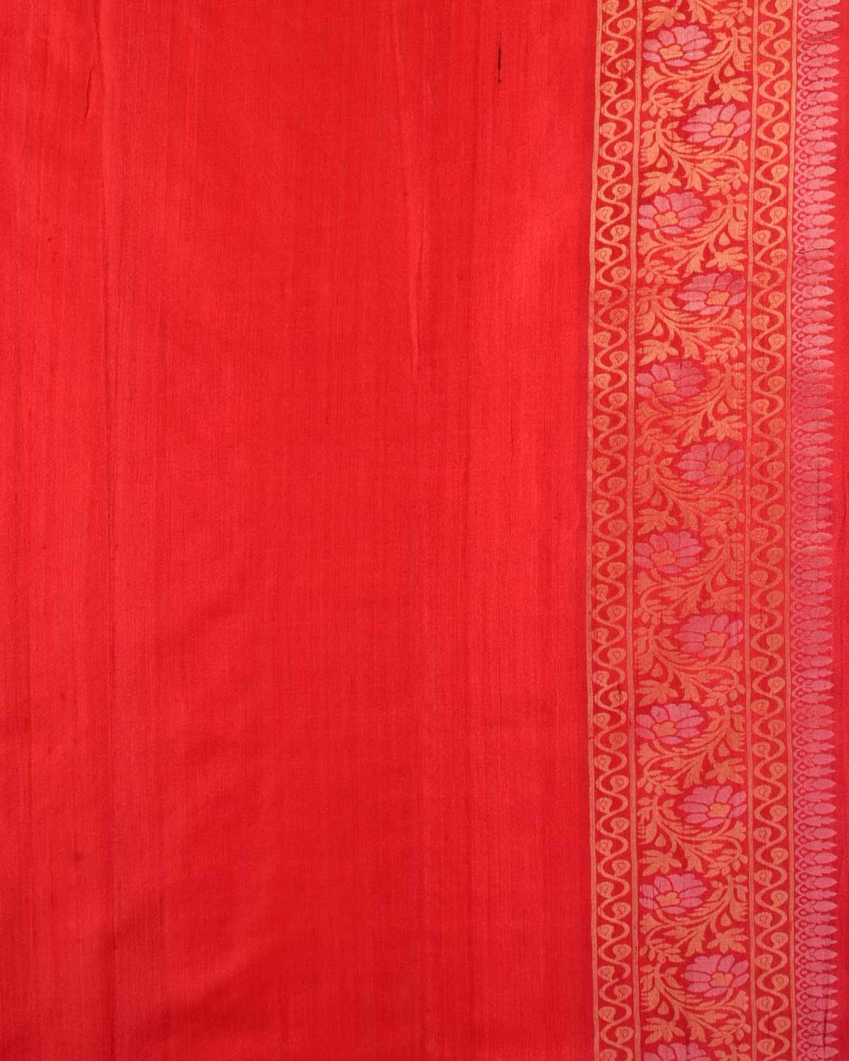 Red Gold & Silver Metallic Zari Jaal Ektara Cutwork Brocade Handwoven Tasar Silk Banarasi Saree with Contrast Orange Selvage-HolyWeaves