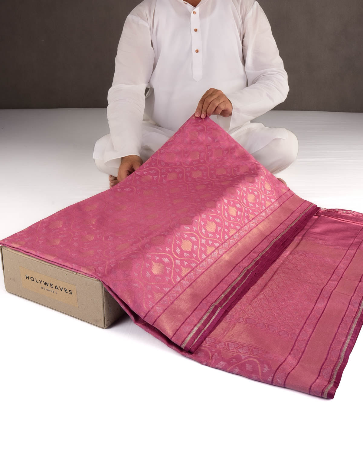 Thulian Pink Gold & Silver Metallic Zari Jaal Ektara Cutwork Brocade Handwoven Katan Silk Banarasi Saree-HolyWeaves