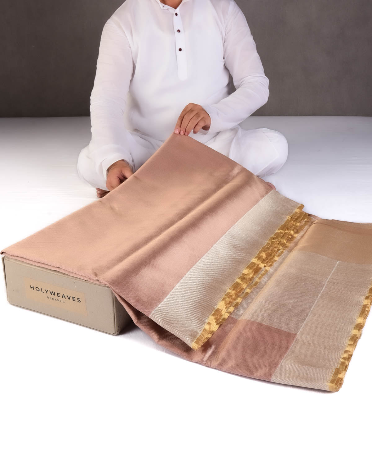 Metallic Rosy Brown Drill Brocade Handwoven Tissue Banarasi Saree with Silver Zari Border Pallu-HolyWeaves