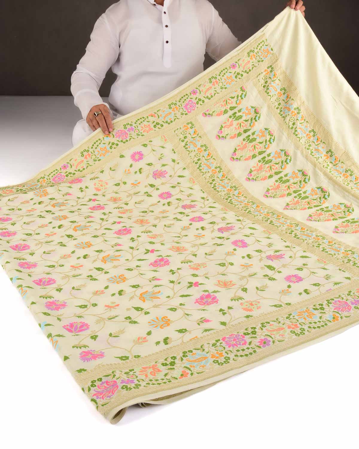 Cream Gold Zari & Resham Floral Jaal Cutwork Brocade Handwoven Muga Silk Banarasi Saree-HolyWeaves