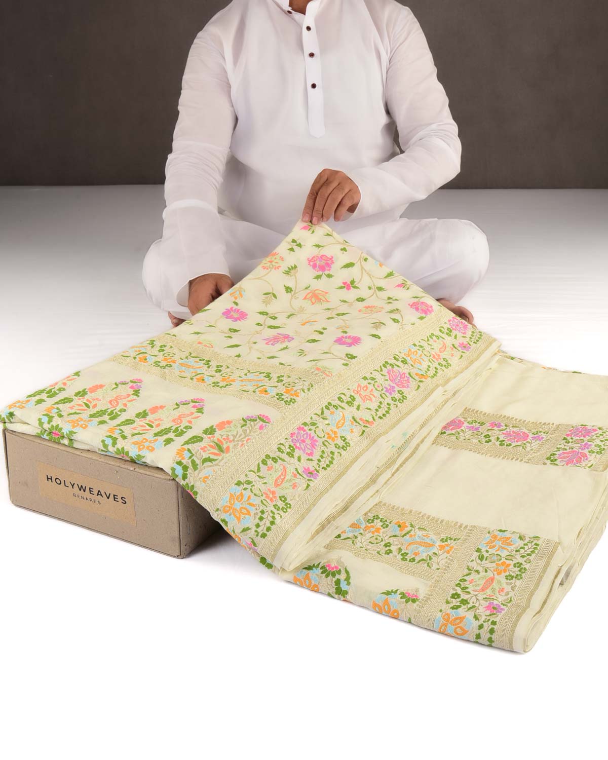 Cream Gold Zari & Resham Floral Jaal Cutwork Brocade Handwoven Muga Silk Banarasi Saree-HolyWeaves