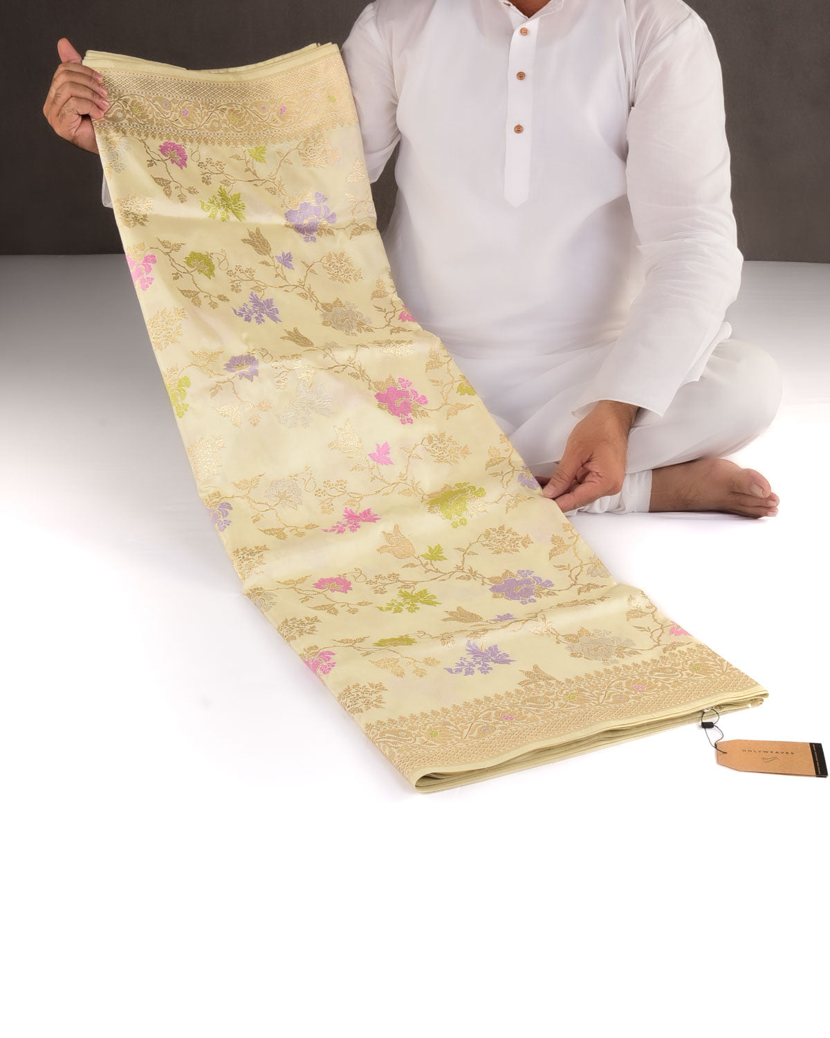 Cream Gold Silver Zari And Resham Floral Jaal Kadhuan Brocade Handwoven Katan Silk Banarasi Saree-HolyWeaves