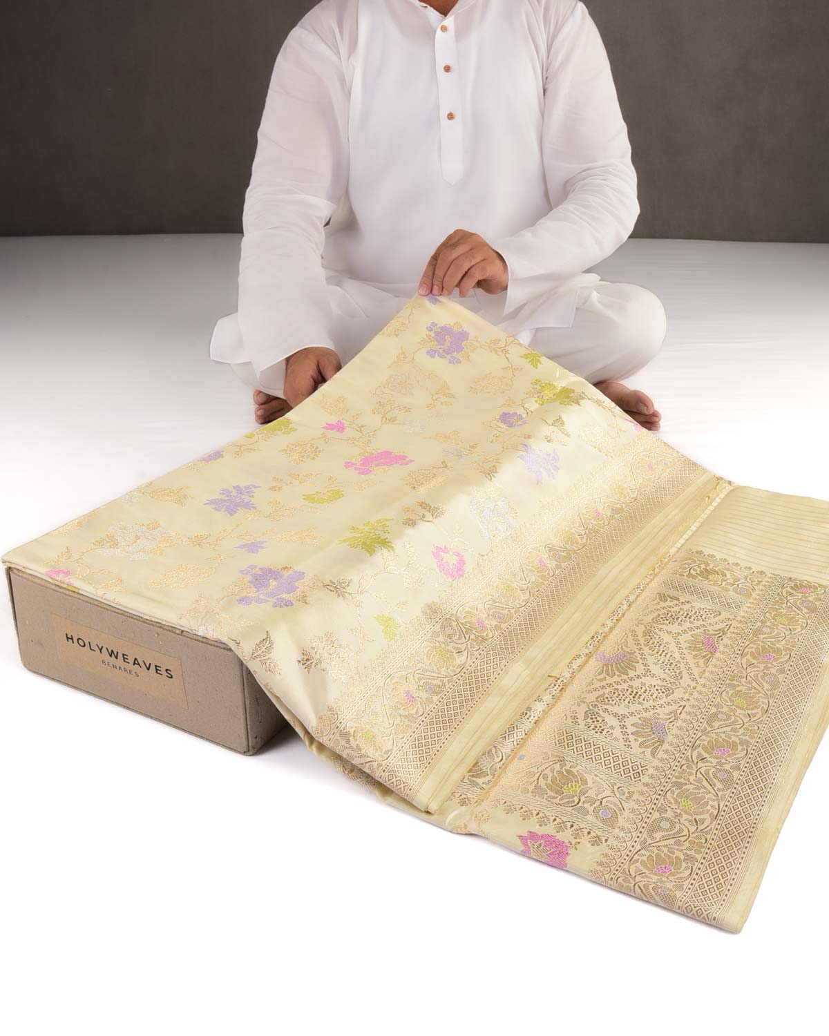 Cream Gold Silver Zari And Resham Floral Jaal Kadhuan Brocade Handwoven Katan Silk Banarasi Saree-HolyWeaves