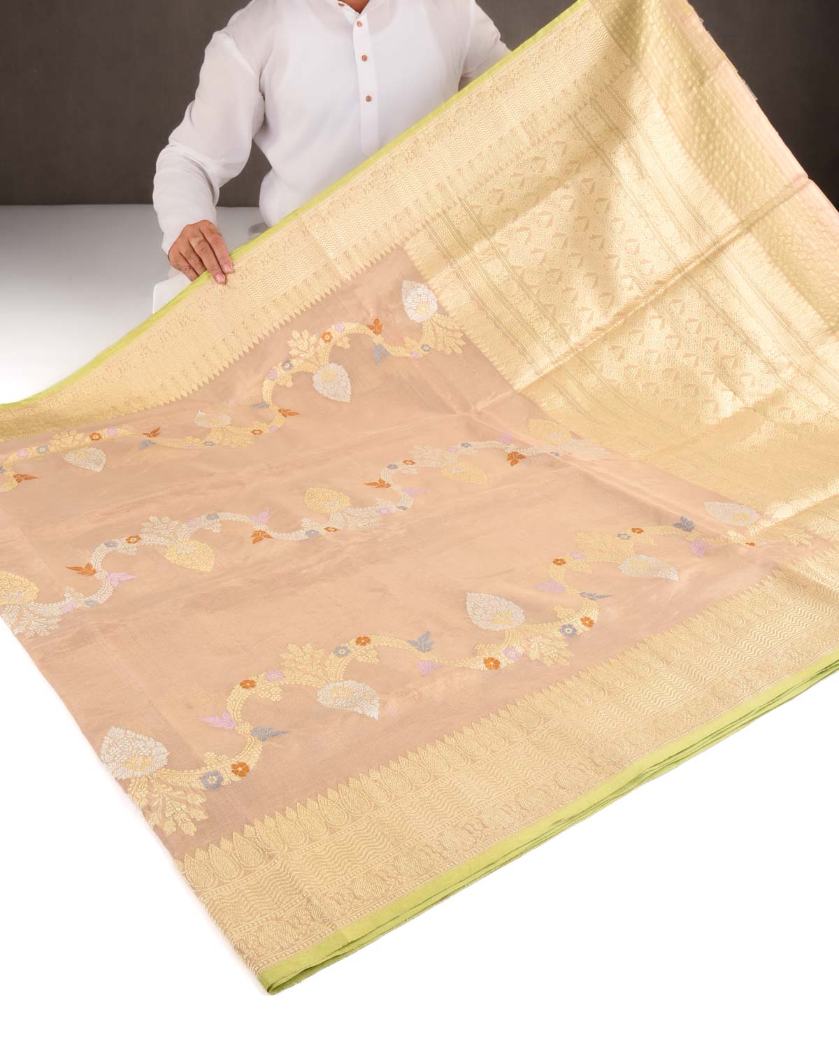 Metallic Beige Gold Silver Zari And Resham Bel Kadhuan Brocade Handwoven Kora Tissue Banarasi Saree-HolyWeaves