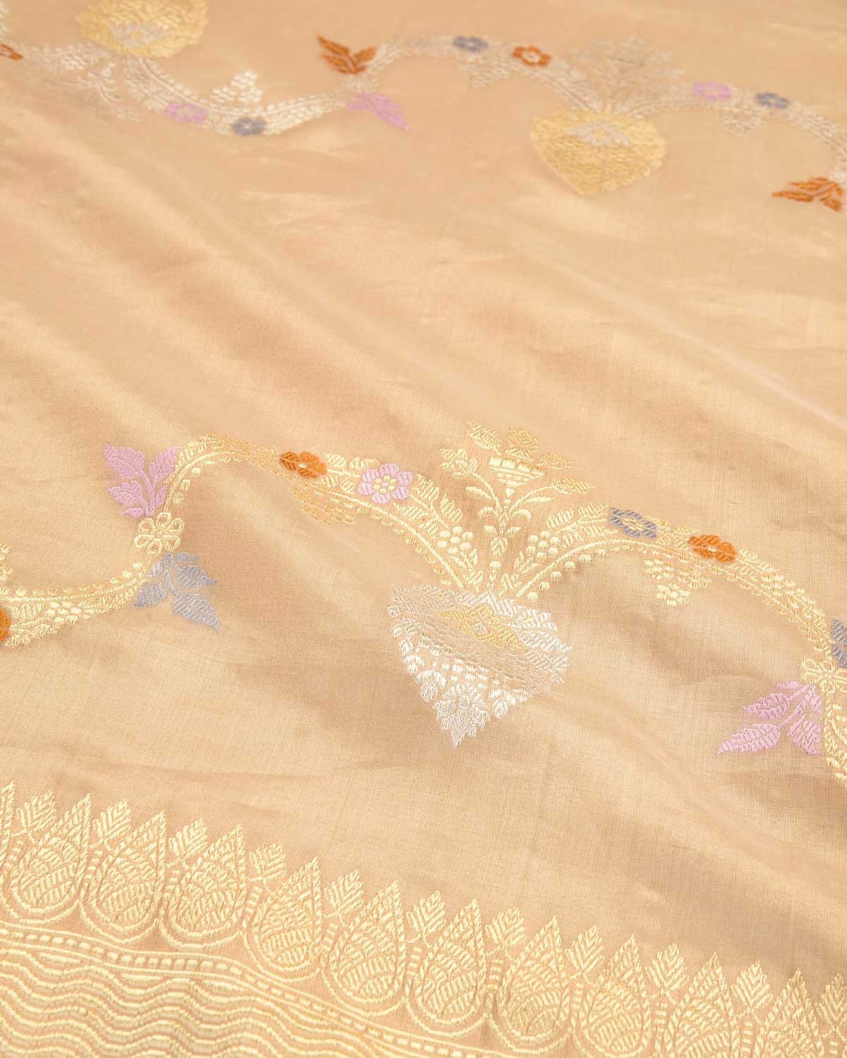 Metallic Beige Gold Silver Zari And Resham Bel Kadhuan Brocade Handwoven Kora Tissue Banarasi Saree-HolyWeaves