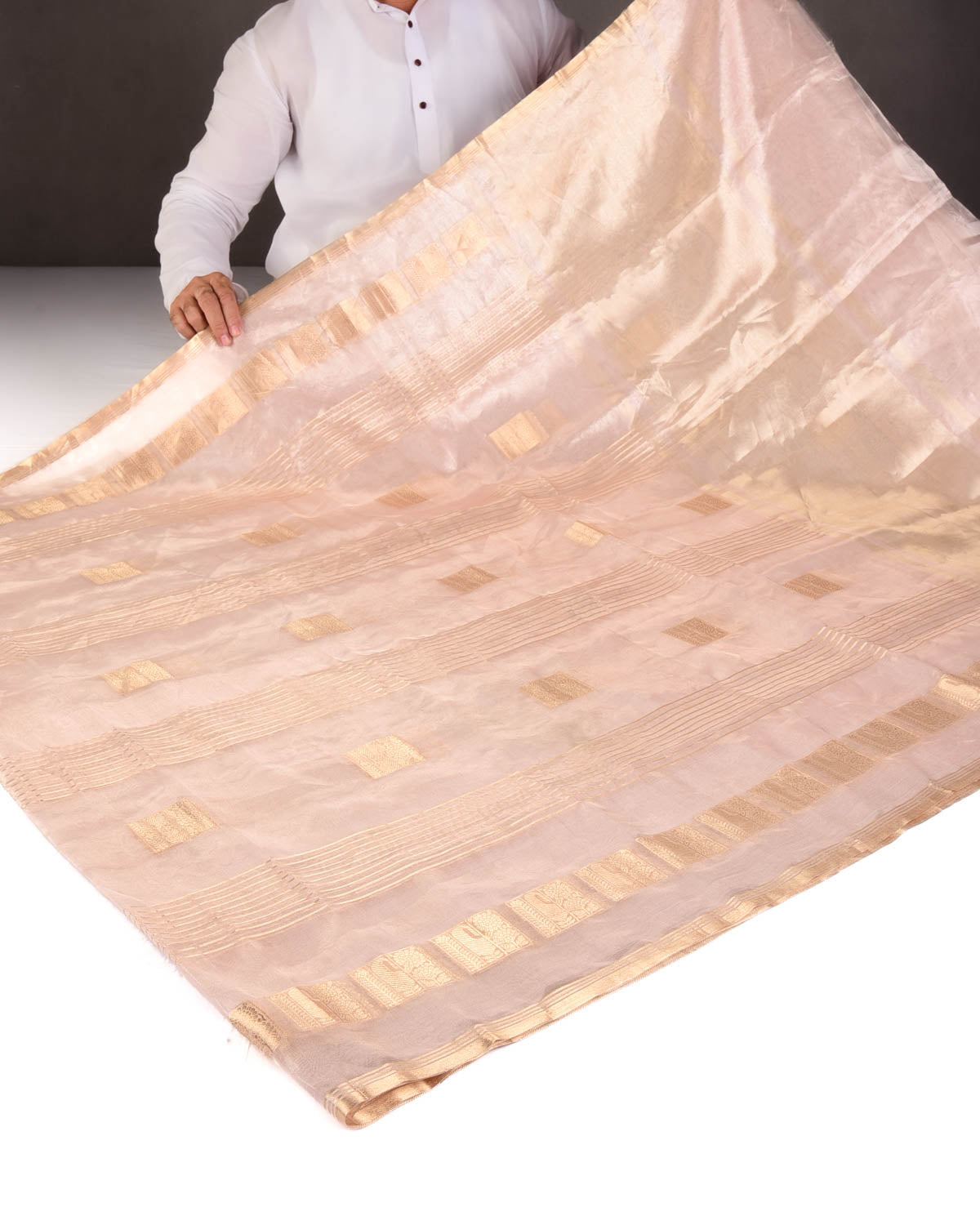 Metallic Tuscany Peach Gold Zari Ornament Stripes Woven Tissue Banarasi Saree-HolyWeaves