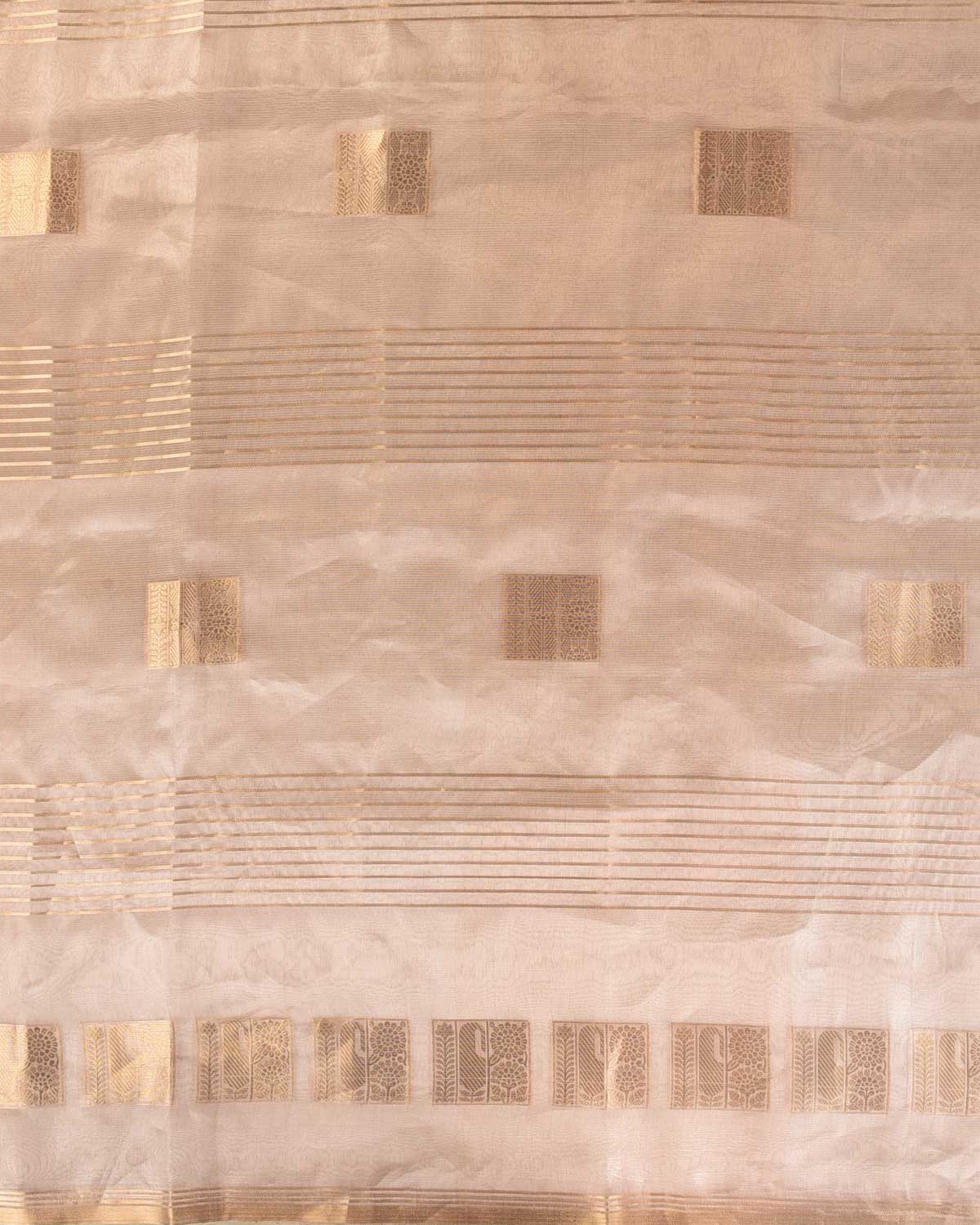 Metallic Tuscany Peach Gold Zari Ornament Stripes Woven Tissue Banarasi Saree-HolyWeaves