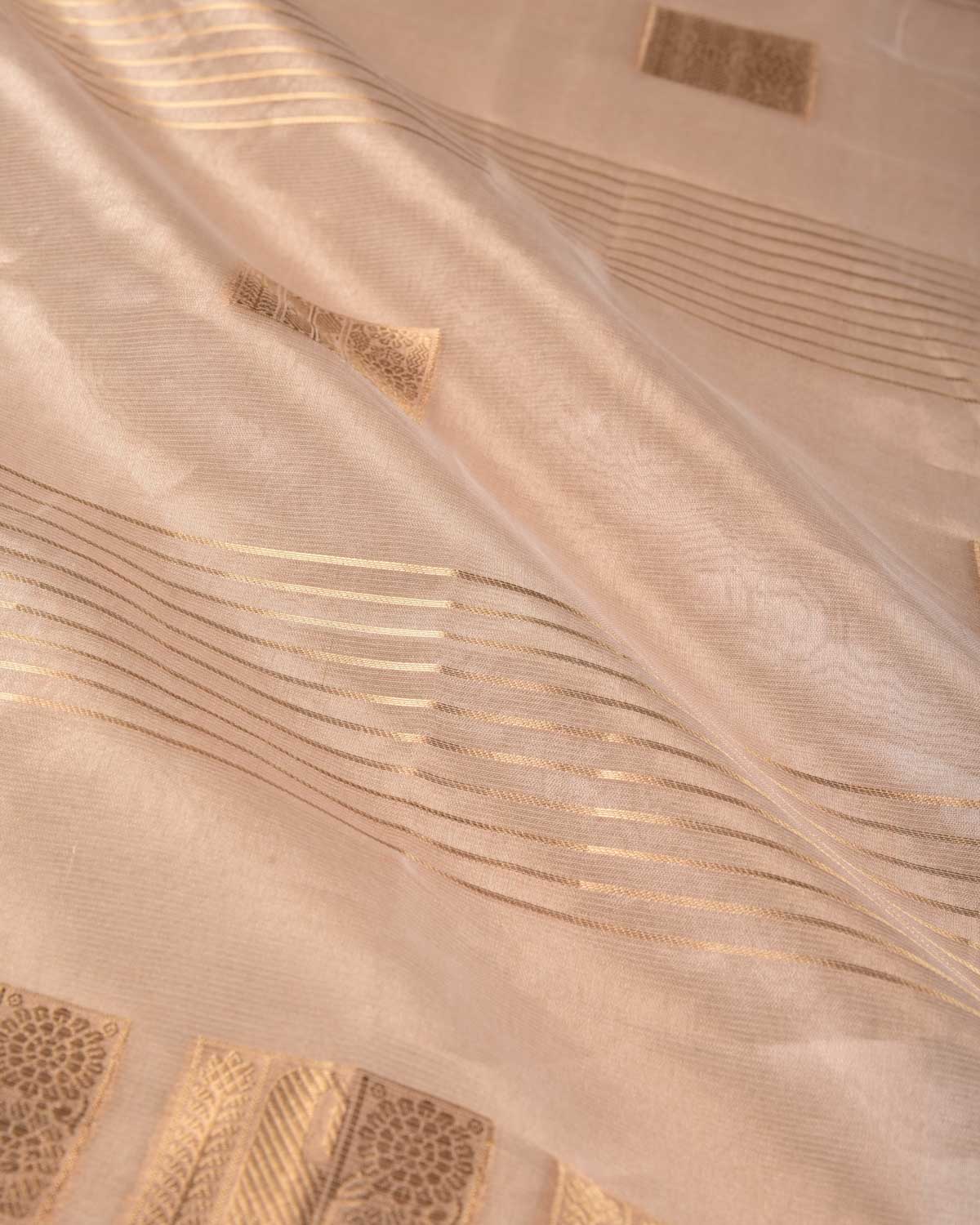 Metallic Tuscany Peach Gold Zari Ornament Stripes Woven Tissue Banarasi Saree-HolyWeaves