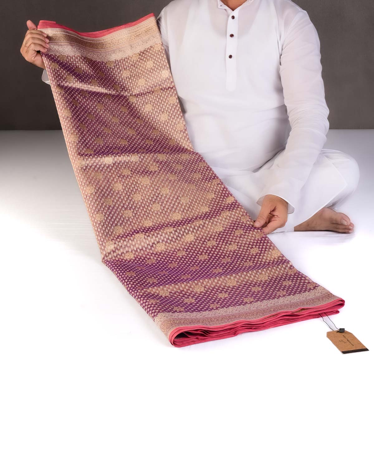 Metallic Purple Gold Zari And White Cotton Buti Cutwork Brocade Handwoven Kora Tissue Banarasi Saree-HolyWeaves