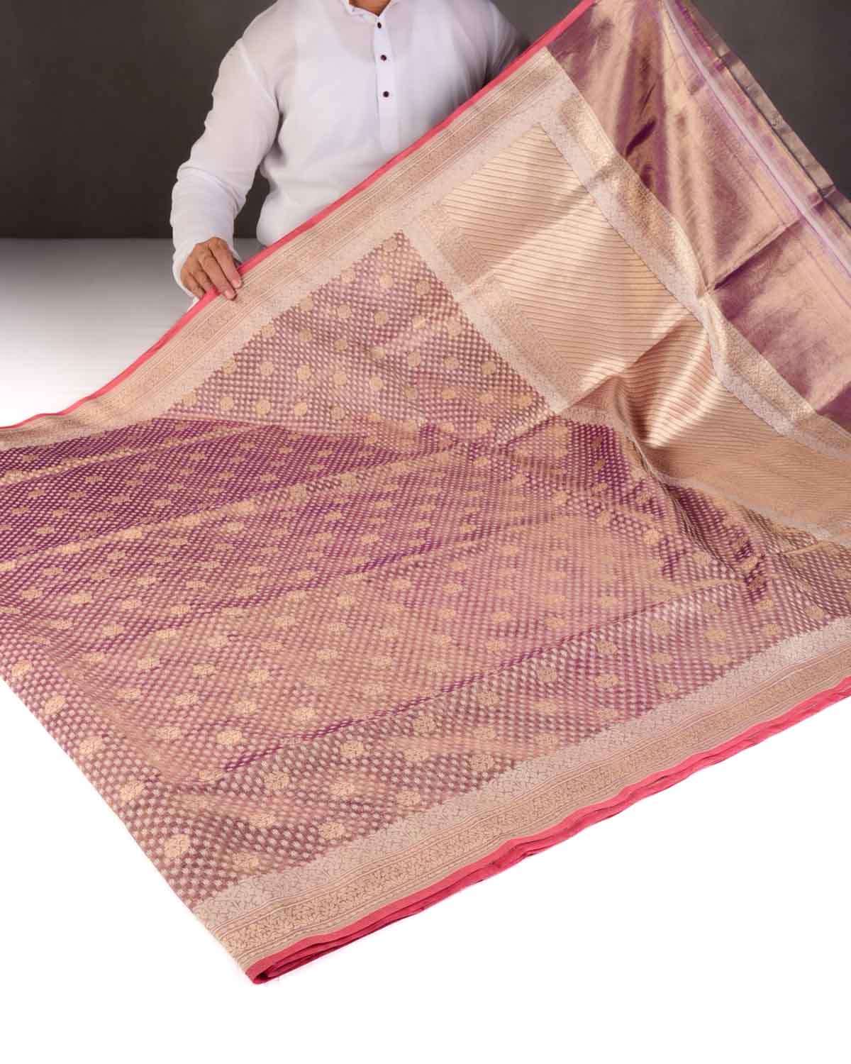 Metallic Purple Gold Zari And White Cotton Buti Cutwork Brocade Handwoven Kora Tissue Banarasi Saree-HolyWeaves