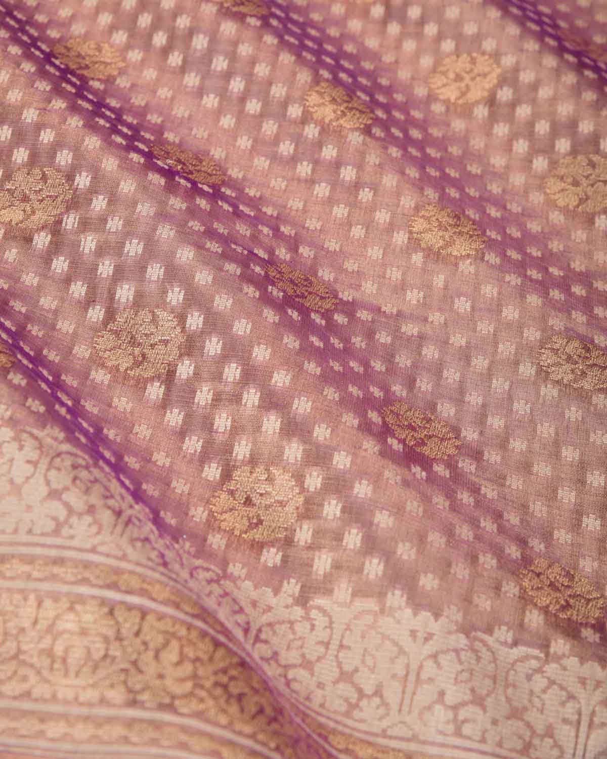 Metallic Purple Gold Zari And White Cotton Buti Cutwork Brocade Handwoven Kora Tissue Banarasi Saree-HolyWeaves