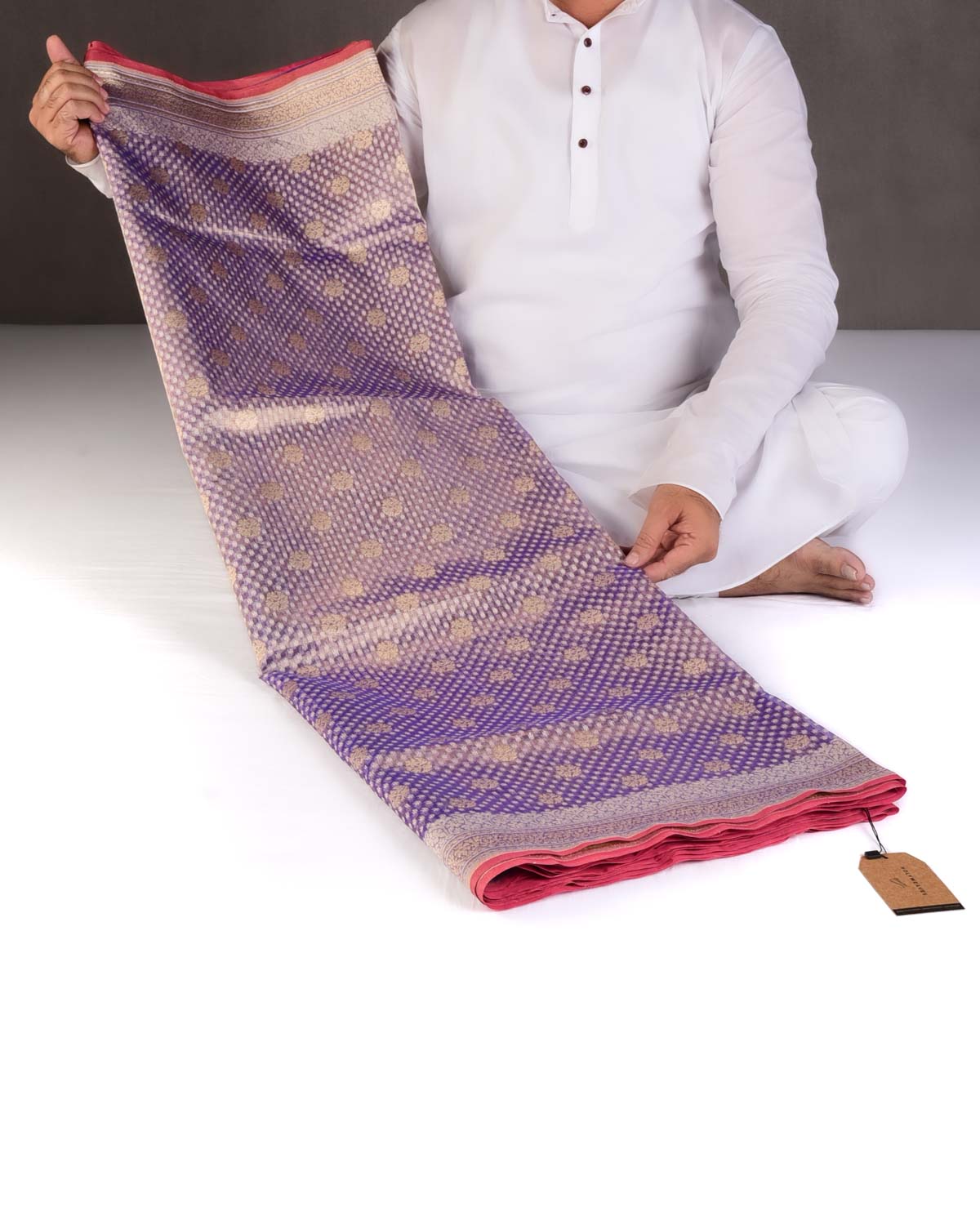 Metallic Indigo Gold Zari And White Cotton Buti Cutwork Brocade Handwoven Kora Tissue Banarasi Saree-HolyWeaves