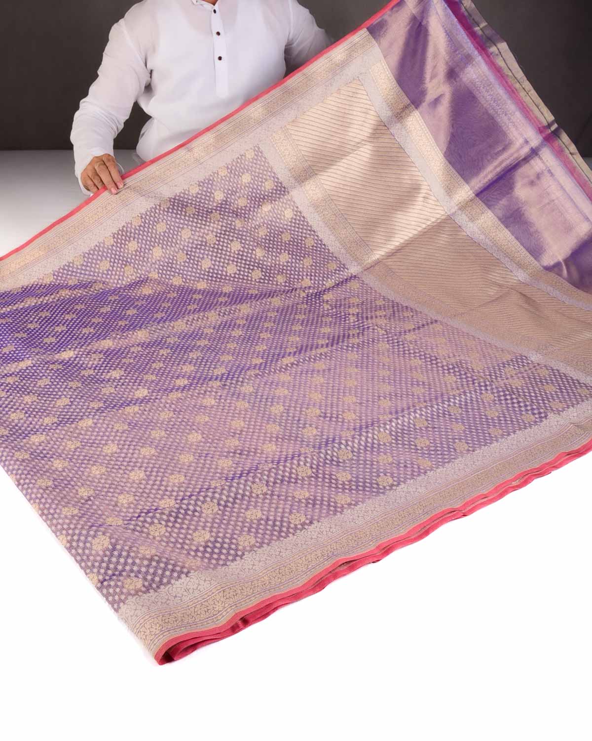 Metallic Indigo Gold Zari And White Cotton Buti Cutwork Brocade Handwoven Kora Tissue Banarasi Saree-HolyWeaves