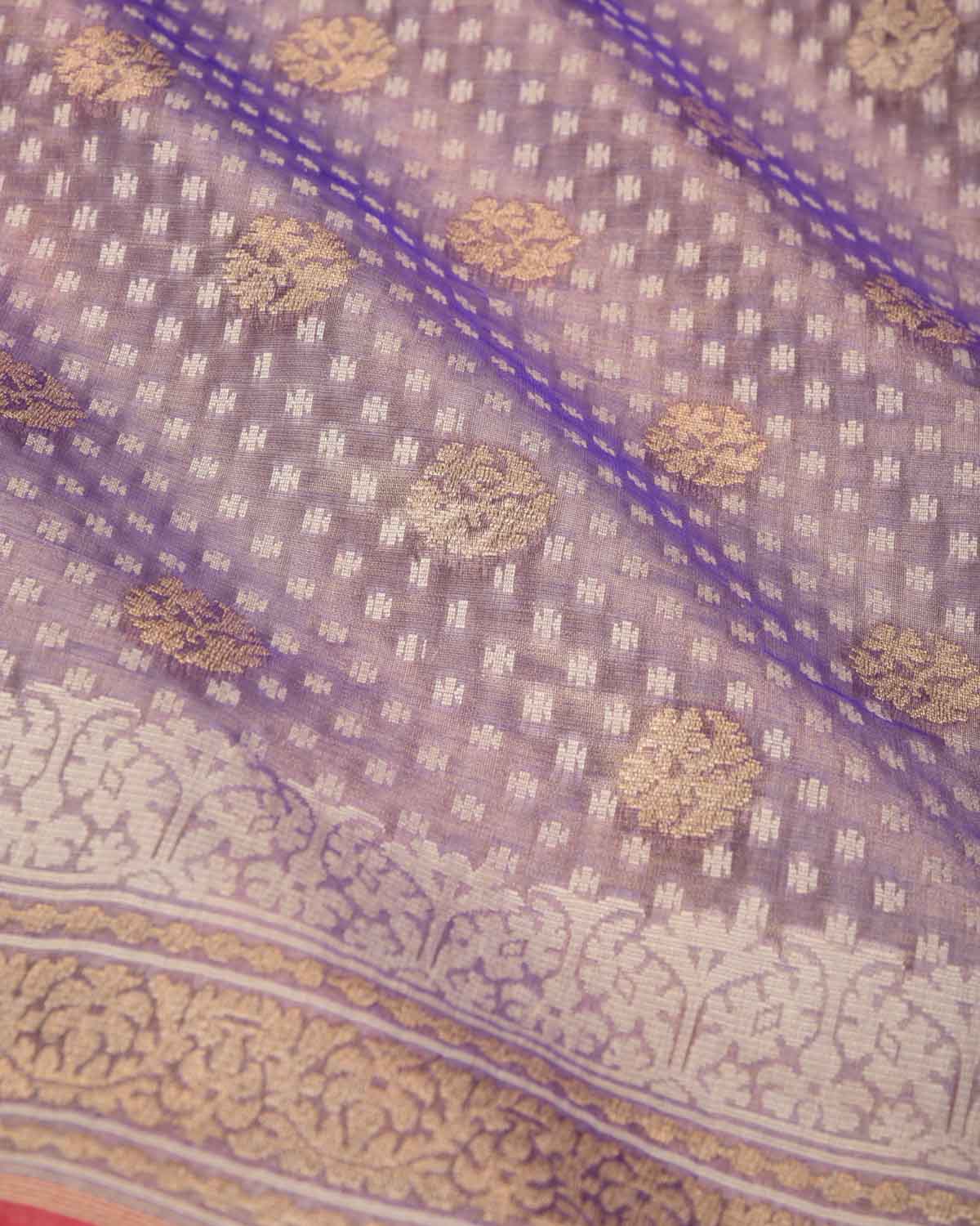 Metallic Indigo Gold Zari And White Cotton Buti Cutwork Brocade Handwoven Kora Tissue Banarasi Saree-HolyWeaves