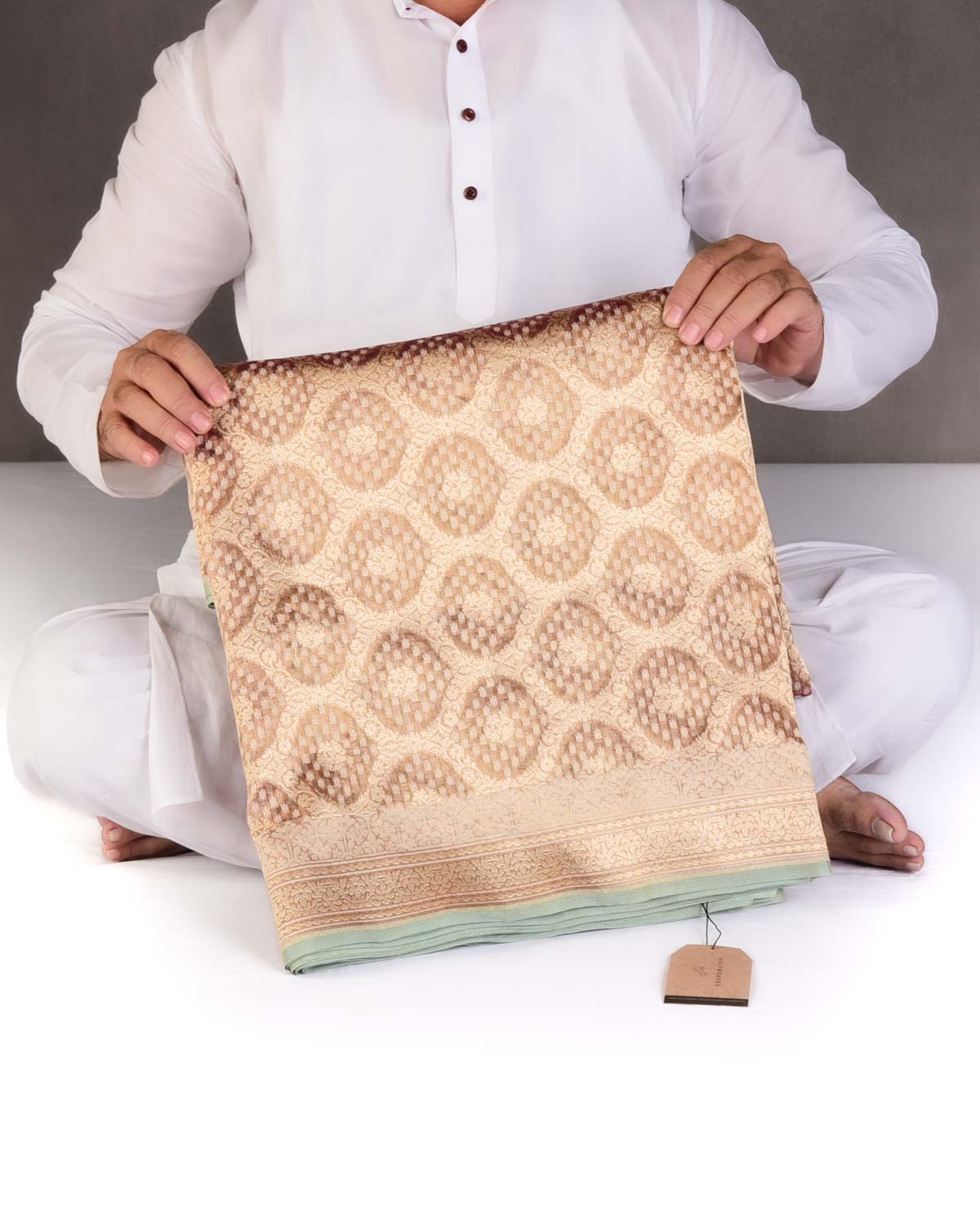 Metallic Brown Gold Zari And White Cotton Alfi Jangla Cutwork Brocade Handwoven Kora Tissue Banarasi Saree-HolyWeaves