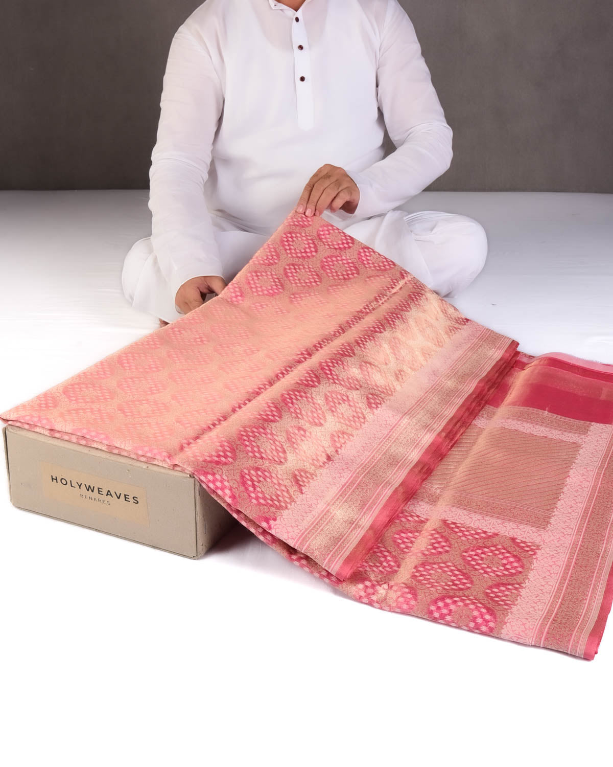 Metallic Pink Gold Zari And White Cotton Alfi Jangla Cutwork Brocade Handwoven Kora Tissue Banarasi Saree-HolyWeaves