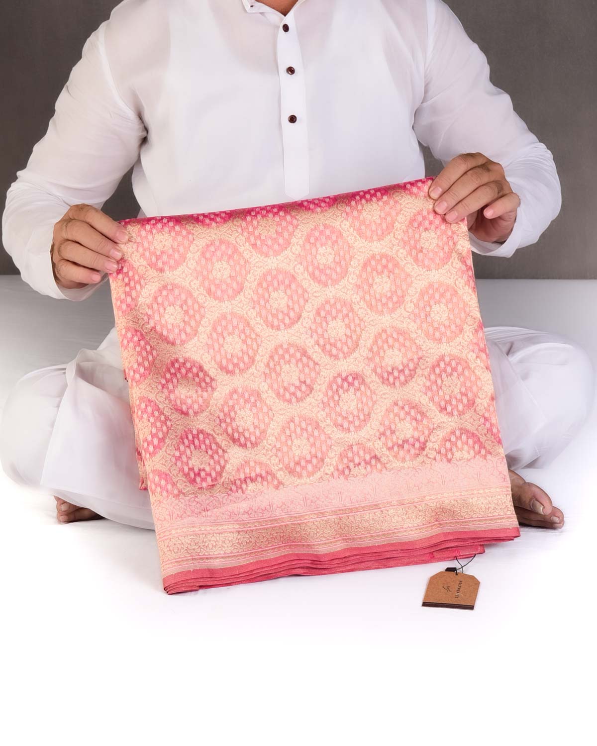 Metallic Pink Gold Zari And White Cotton Alfi Jangla Cutwork Brocade Handwoven Kora Tissue Banarasi Saree-HolyWeaves