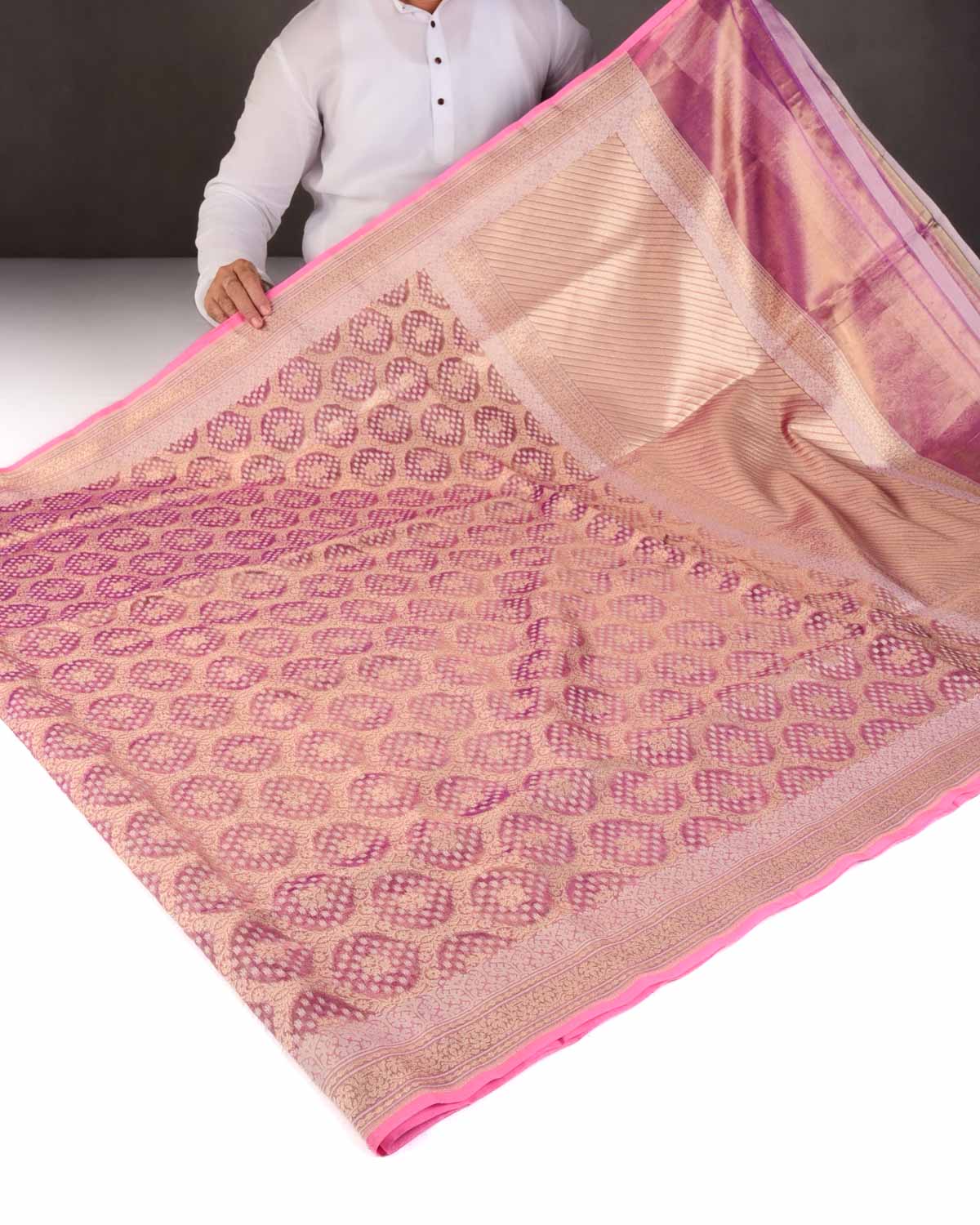 Metallic Mauve Gold Zari And White Cotton Alfi Jangla Cutwork Brocade Handwoven Kora Tissue Banarasi Saree-HolyWeaves