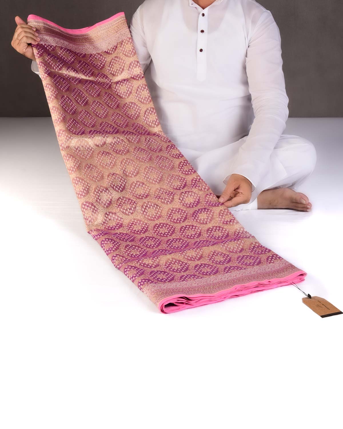 Metallic Mauve Gold Zari And White Cotton Alfi Jangla Cutwork Brocade Handwoven Kora Tissue Banarasi Saree-HolyWeaves