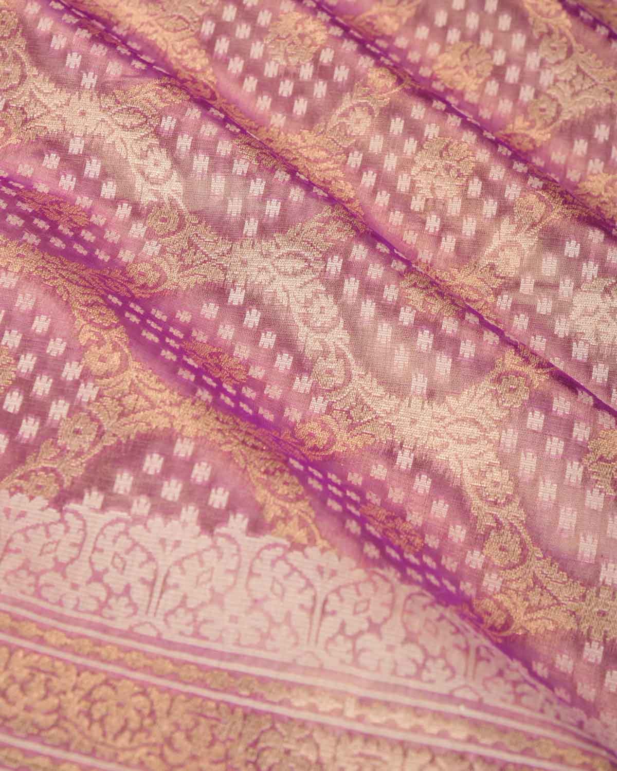 Metallic Mauve Gold Zari And White Cotton Alfi Jangla Cutwork Brocade Handwoven Kora Tissue Banarasi Saree-HolyWeaves