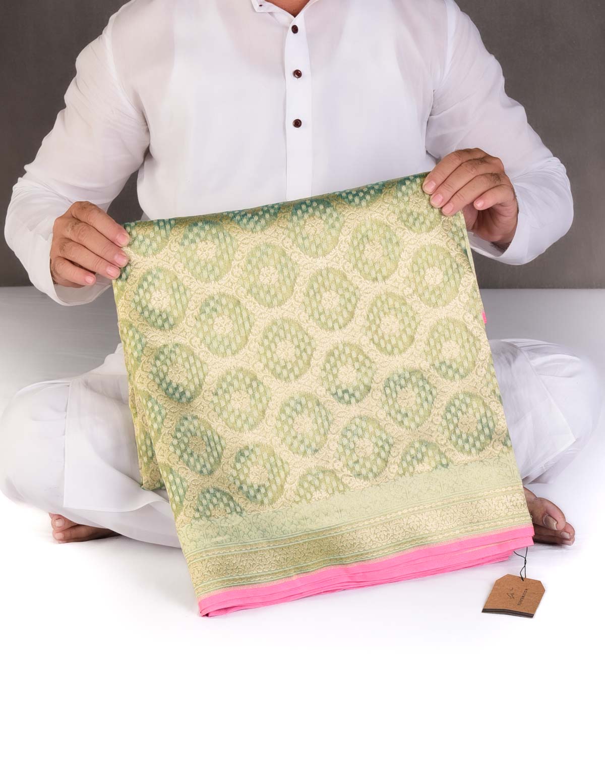 Metallic Green Gold Zari And White Cotton Alfi Jangla Cutwork Brocade Handwoven Kora Tissue Banarasi Saree-HolyWeaves