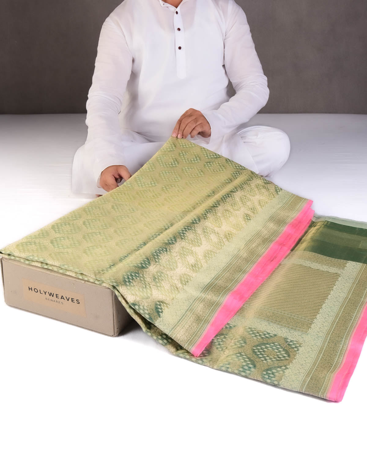 Metallic Green Gold Zari And White Cotton Alfi Jangla Cutwork Brocade Handwoven Kora Tissue Banarasi Saree-HolyWeaves