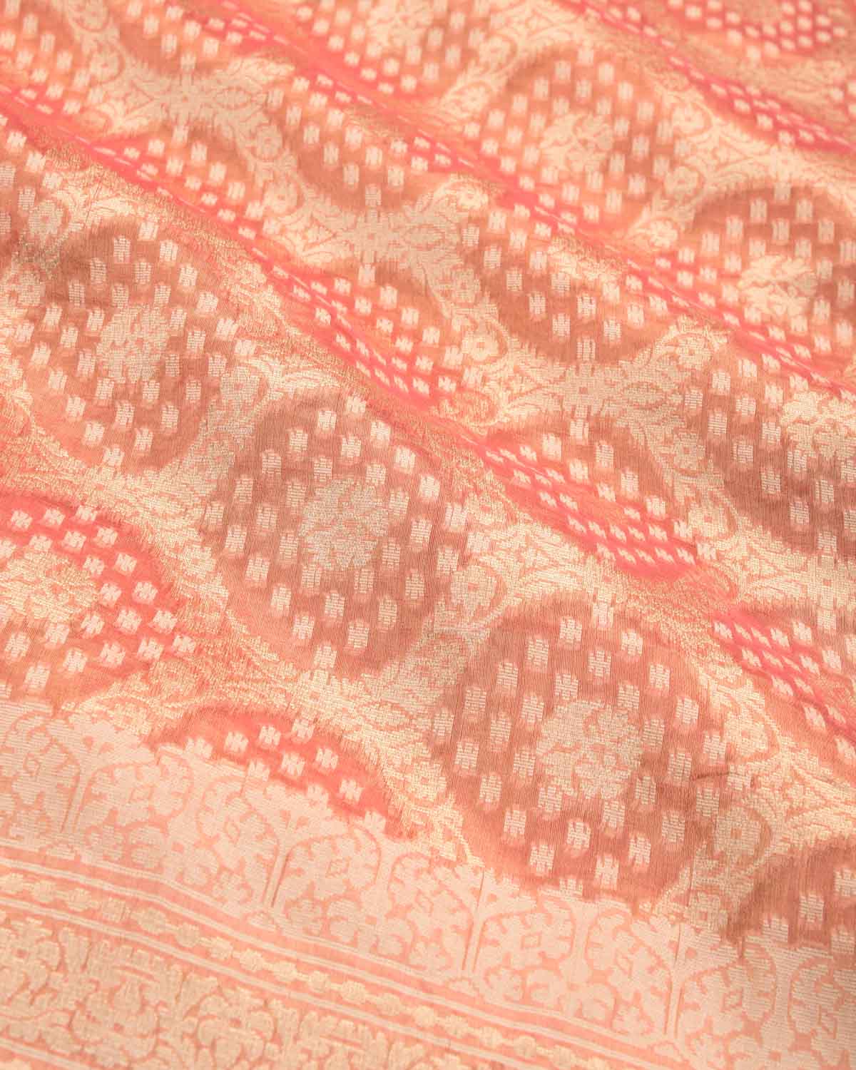 Metallic Peach Gold Zari And White Cotton Alfi Jangla Cutwork Brocade Handwoven Kora Tissue Banarasi Saree-HolyWeaves