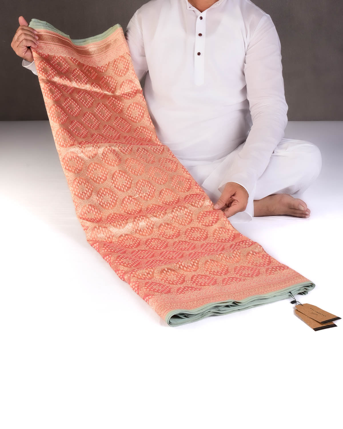 Metallic Peach Gold Zari And White Cotton Alfi Jangla Cutwork Brocade Handwoven Kora Tissue Banarasi Saree-HolyWeaves