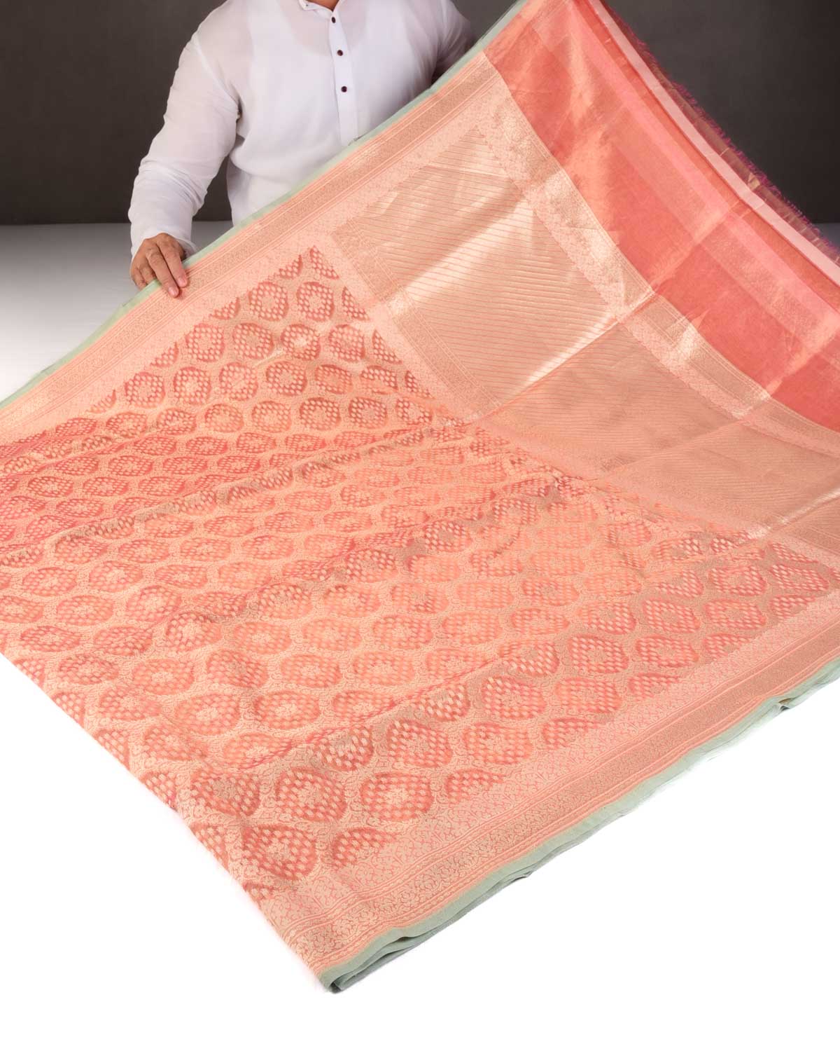 Metallic Peach Gold Zari And White Cotton Alfi Jangla Cutwork Brocade Handwoven Kora Tissue Banarasi Saree-HolyWeaves