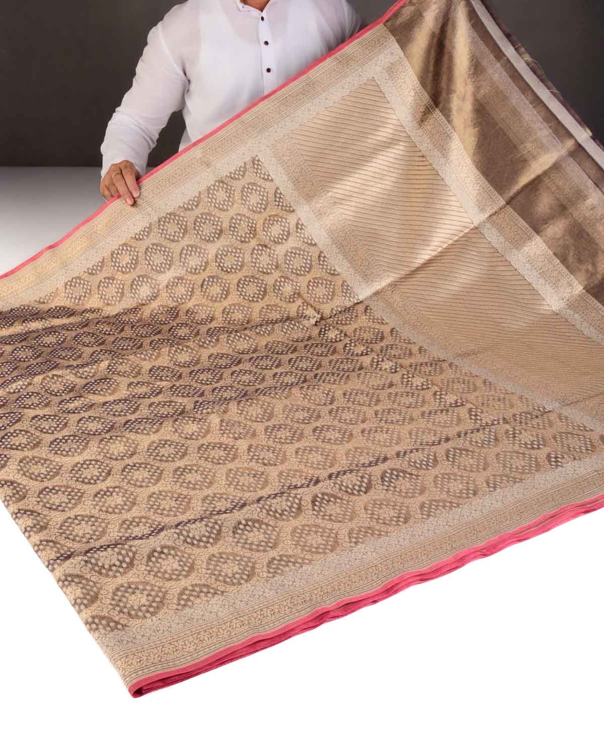 Metallic Antique Gold Gold Zari And White Cotton Alfi Jangla Cutwork Brocade Handwoven Kora Tissue Banarasi Saree-HolyWeaves