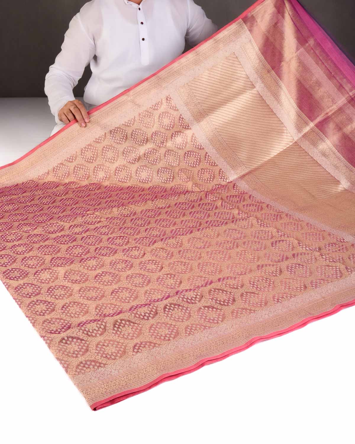 Metallic Magenta Gold Zari And White Cotton Alfi Jangla Cutwork Brocade Handwoven Kora Tissue Banarasi Saree-HolyWeaves