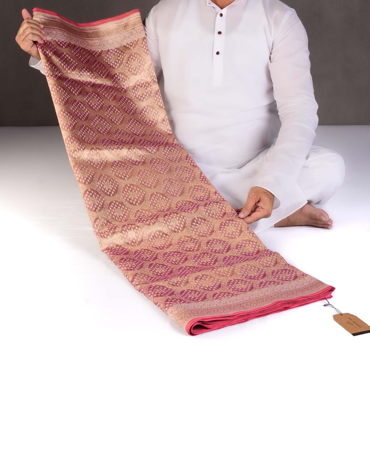 Metallic Magenta Gold Zari And White Cotton Alfi Jangla Cutwork Brocade Handwoven Kora Tissue Banarasi Saree-HolyWeaves