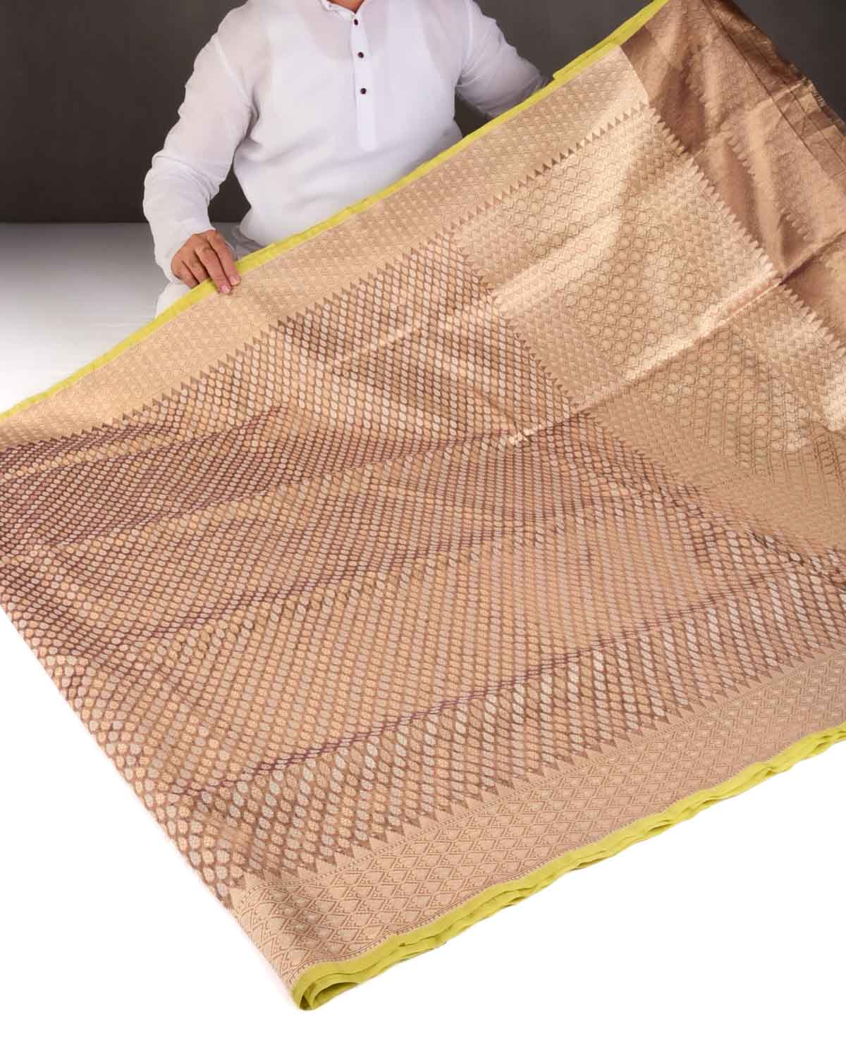 Metallic Blush Brown Gold Zari And White Cotton Buti Cutwork Brocade Handwoven Kora Tissue Banarasi Saree-HolyWeaves