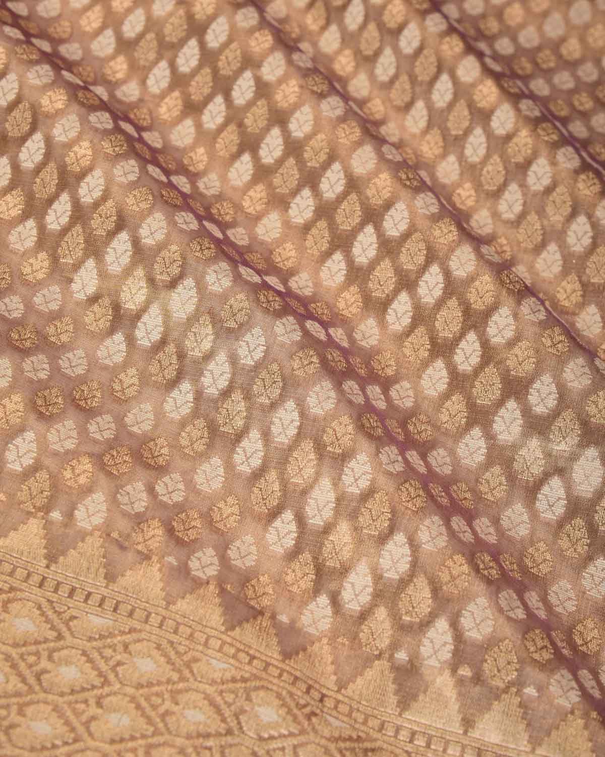 Metallic Blush Brown Gold Zari And White Cotton Buti Cutwork Brocade Handwoven Kora Tissue Banarasi Saree-HolyWeaves