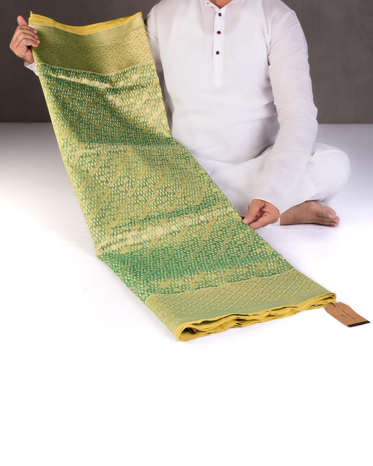 Metallic Green Gold Zari And White Cotton Buti Cutwork Brocade Handwoven Kora Tissue Banarasi Saree-HolyWeaves